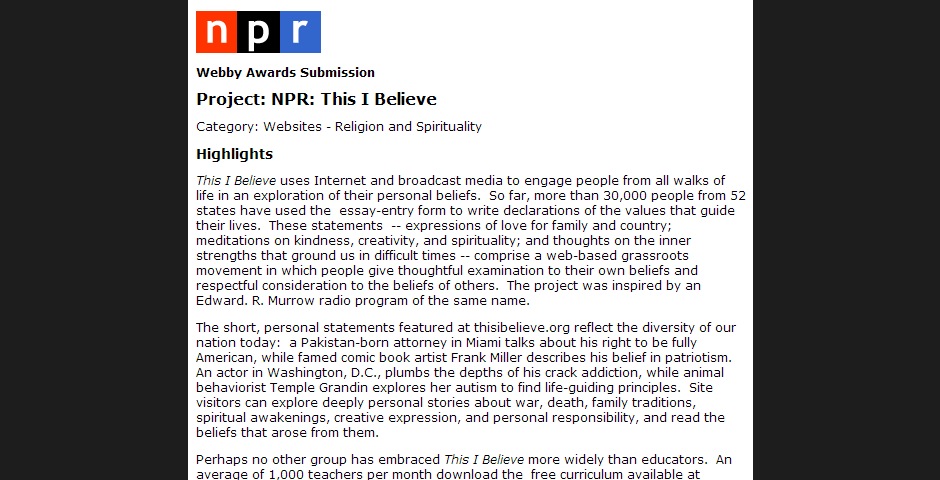 Nominee - This I Believe