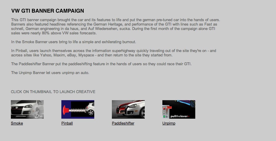 Webby Award Winner - GTI Banners – Smoke, Paddleshifter, Pinball, Unpimp